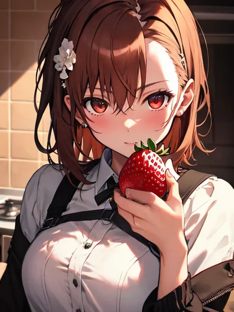  A Strawberry, Kitchen background, Misaka Mikoto, highest quality, 1girl, uhd, retina, masterpiece, ccurate, anatomically correct, textured skin, super detail, high details, high quality, best quality, highres, 4K