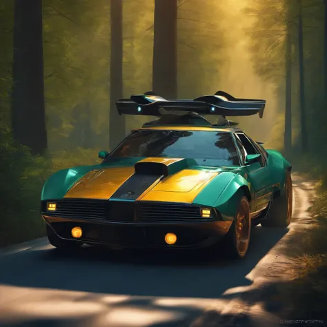 .Create a Cyberpunk Car, cool car, guys driving along a forest road on a beautiful day, everyone is happy, draw well