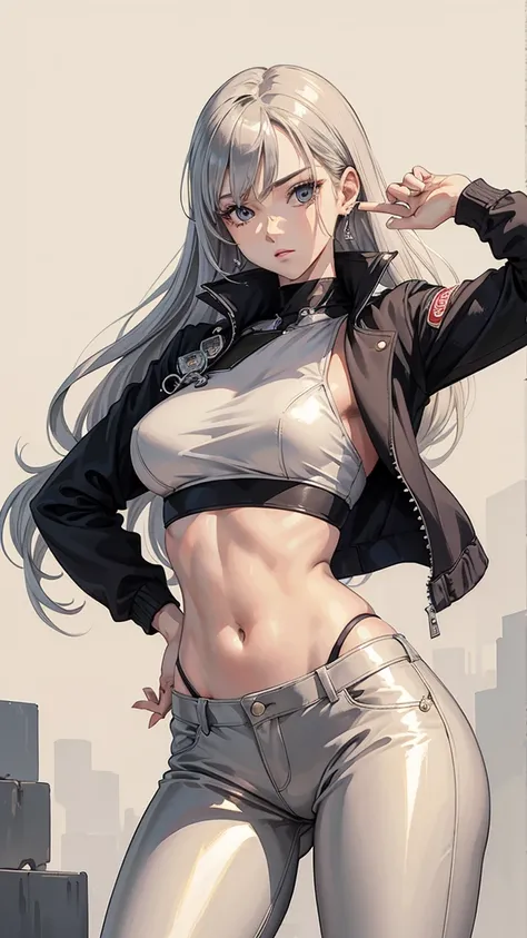 Best quality, Masterpiece, Portrait, Perfect anatomy, Flawless, 1womanl, Solo, Sexy, Stylish, mature, Silver pants, croptop, Jacket, Long hair, Feminine, Cool, queen, Correct female anatomy,