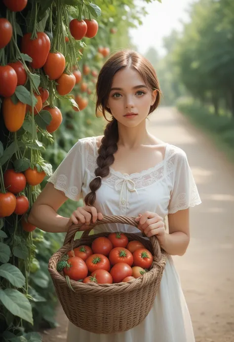 Help me imagine a brown basket with tomatoes and red and the background is white 