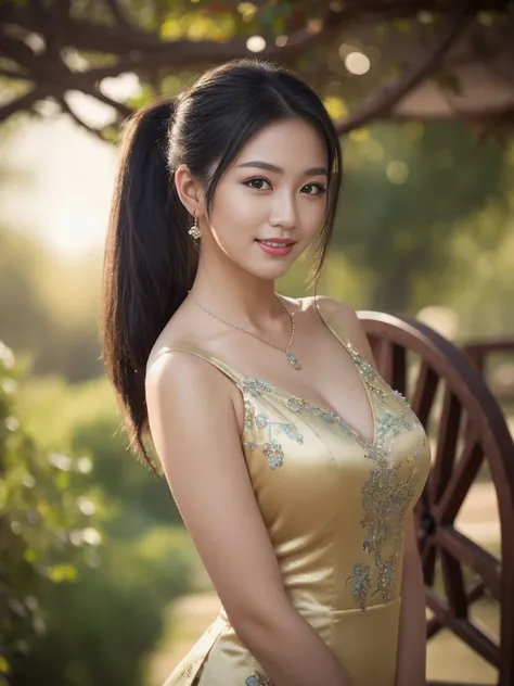 best quality, Masterpiece, height, 1 girl,Chinese dress,The dress is very short, showing off the beautiful proportions.,Big Breasts,little smile, Hold your head high, decorationsผม,necklace, decorations,Beautiful face,when_body, Tyndall Effect,realistic, d...