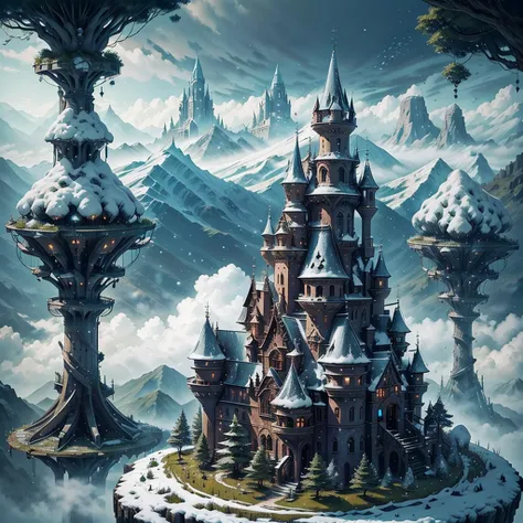 A An old castle on top of a giant tree in the middle of a dense forest with a magical aura emanating from inside the castle surrounded by trees and plants. fantasy world with tall, snowy mountains reaching into the sky through the clouds, 