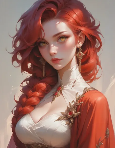 Beautiful tall woman with red hair and yellow eyes super realistic and well detailed suit outfit