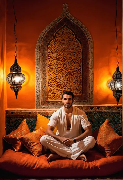 sexy man, Arab, in a moroccan room, with pillows, lamps, warm colors, at night