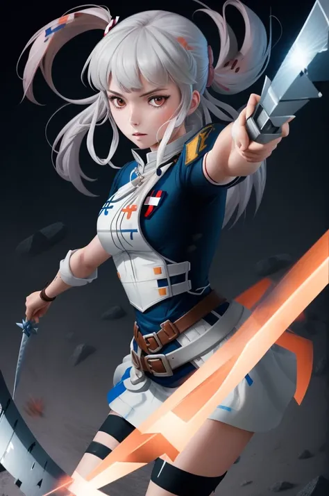 Field Medic Woman, masterpiece, high quality, Game character design, Anime illustration style, simple flat background, (Little:0.9), whole body, Diagonal angle, View your viewers, Dynamic pose, Holding a dagger, Text only,