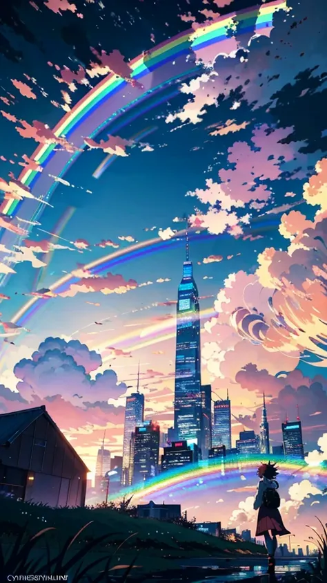 ((Rainbow Giant))、Anime girl looking at the big city scenery,近future都市、 Makoto Shinkai Cyril Rolland, anime art wallpaper 4k, anime art wallpaper 4k, Anime Art Wallpapers 8K, Inspired by Cyril Rolland, Dan Mumford&#39;s Artwork Style, dawn、wonderful壁紙, By ...