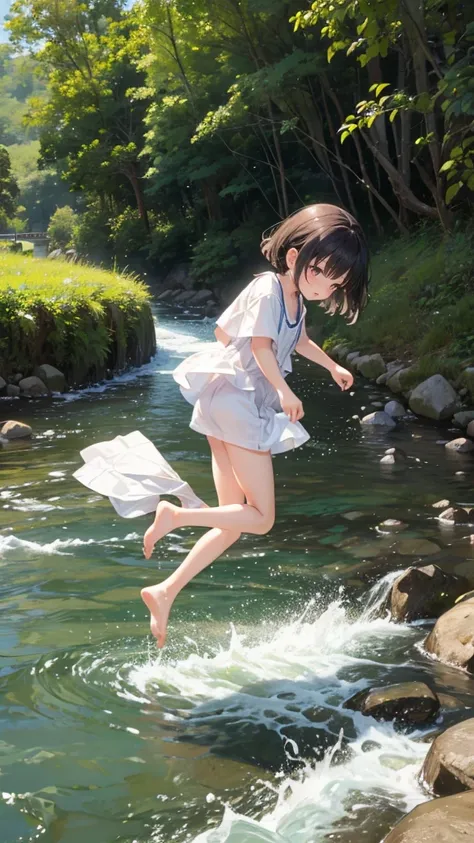 Playing in the flowing river、Very cute 11 year old girl、barefoot