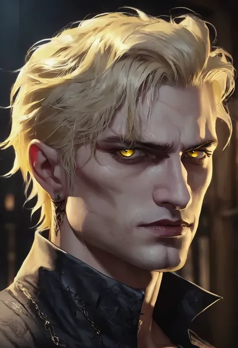 1 man, he is vampire, inside a dark and gloomy house, wearing simple clothes, detailed facial features, male yellow eyes, , detailed fair skin, undercut blonde hair, dramatic lighting, many tattoos on the body, cinematic composition, dark palette, dark col...