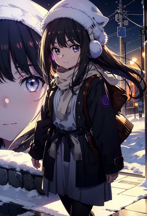 Takiuchikami,Long Hair, bangs, Black Hair, (Purple eyes:1.2),happy smile, smile, Open your mouth,Knitted hat,Earmuffs,Blue oversized coat,White scarf,Long skirt,Black pantyhose,short boots,snowが積もっている,snowが降っている,winter,Cold Sky,night,moonlight,snow,snow,sn...