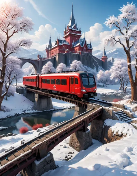 winter, snow, red train, outdoors, sky, tree, traditional media, grass, ground vehicle, building, scenery, bridge, (masterpiece, best quality, Professional, perfect composition, very aesthetic, absurdres, ultra-detailed, intricate details:1.3)