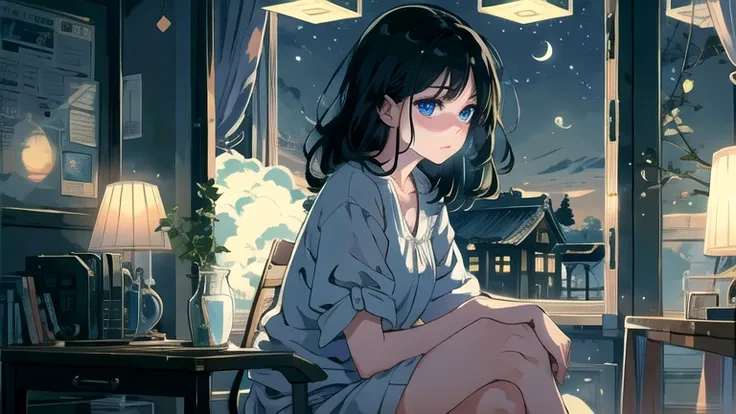 Create an illustration of a girl with black hair and blue eyes, sitting in a chair in front of a desk, Sentimental, Introspective look。, The moonlight gently shines into the room, Gently illuminate the space, Curtains sway in the wind, Increase tranquility...