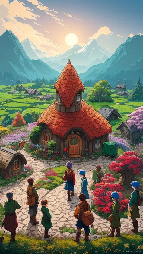 realistic, real life, beautiful hobbit house on the hill, style of laurie greasley, studio ghibli, akira toriyama, james gillear...