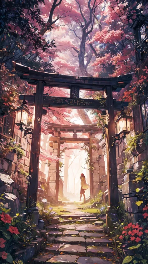 (masterpiece, Highest quality, Highest quality. Official Art, beautifully、aesthetic:1.2). Stunning matte painting depicting a stone building in the middle of a forest, Dark fantasy setting, A mesmerizing magical fantasy forest, Witch&#39;s hut in the woods...