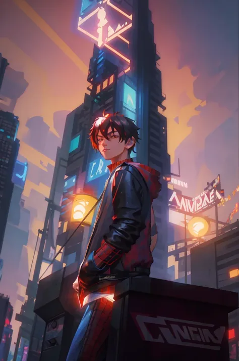 spider man- style photo of a man standing in front of a city at night, hero pose colorful city lighting, stylized urban fantasy ...