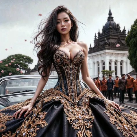 An asian woman fair skin with loose hair, standing on the stairs in the middle of a magical atmosphere, with a predominantly blue and red costume, a strapless corset-style dress decorated with bright purple jewels, a short tutu skirt, black thigh-high late...