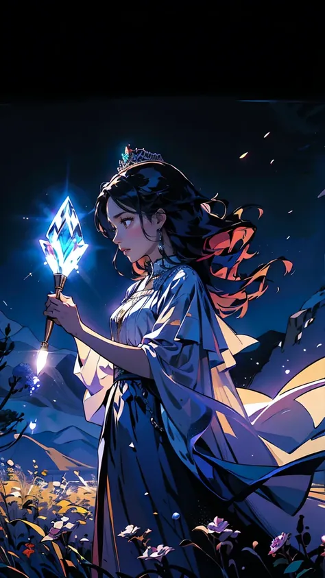 A beautiful women witch with a crown, dark scene, full moon, stars, magic, crystals, perfect Emeril dress, Holding a broom with her left hand and a magic wand with her right hand, powers, flowers, leaves