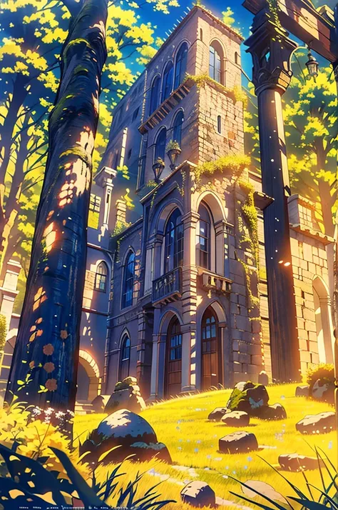 (masterpiece, Highest quality, Highest quality. Official Art, beautifully、aesthetic:1.2). Stunning matte painting depicting a stone building in the middle of a forest, Dark fantasy setting, A mesmerizing magical fantasy forest, Witch&#39;s hut in the woods...