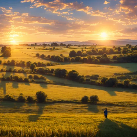 A sunrise in a rural landscape, with a person getting up early and starting to work in the field. The sky is illuminated by the first rays of the sun, suggesting that the person is receiving divine blessing. Includes a subtle symbol for help or guidance, l...