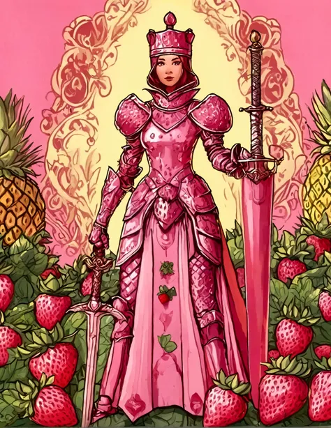 A Strawberry Knight (female, strawberry like face, strawberry themed and decorated plate mail (electric pink tint), strawberry decorated sword) standing at attention by the pineapple king, fruit salad city medieval themed
