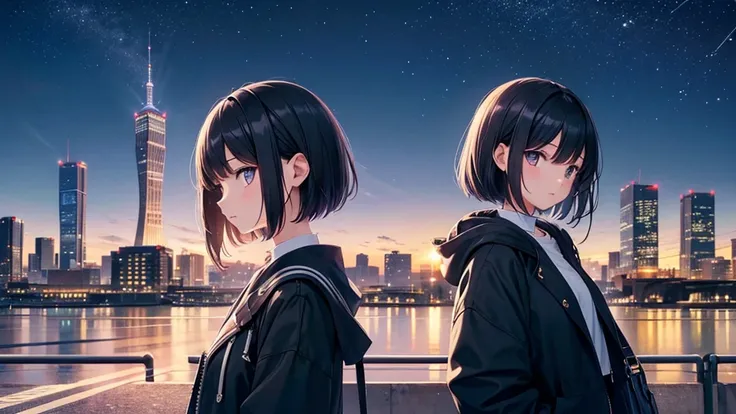 Where to see planes at the airport。A young girl with black hair wearing stylish clothes and headphones labeled "lo-fi" The girl is shown in profile, gazing into the distance with a calm, relaxed expression Background depicts the iconic scenery of Namba, Os...