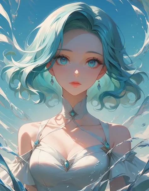 absurdres, highres, (official art, beautiful and aesthetic:1.2), (near vision:1.15), (1girl, blue hair, medium hair, blue eyes, bright eyes, long white dress, blue ruffle,:1.2) blue sky, Shimmering Galaxy, (Salar de Uyuni:1.2), (fractal art:0.8), water eff...