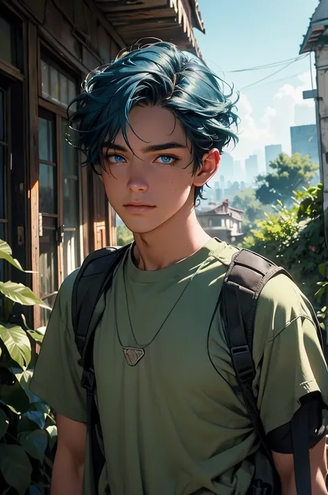 a young man in a post-apocalyptic city, detailed buildings in ruins, nature reclaiming its rightful place, lush vegetation, hiking outfit, blue hair, long eyelashes, warm smile, river, climbing plants, backpack, (best quality,4k,8k,highres,masterpiece:1.2)...