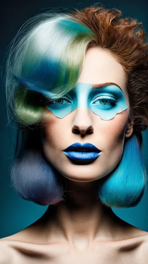 Surrealistic image of a woman shot in full-face. The hair is an abstract explosion of cool and refreshingly coloured hair . They resemble paint splatters and are a combination of different colours including green, blue, white, grey, beige.Behind the figure...