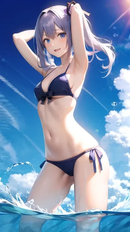 Hatsune Miku,Swimwear,(面積の小さいビキニSwimwear:1.2),ビキニSwimwearの色は紫,sexly,Small boobs,Body is thin,13 years old,(Her hair is one shade of purple:1.5),Hands in model-like position,fantasy art