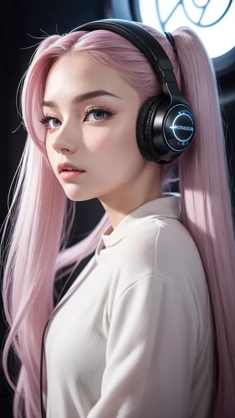 (A photo of a beautiful girl in fashionable casual clothes wearing headphones and singing into a recording microphone in a recording studio was posted on social media.) (The beautiful girl is 17 years old, 18% Japanese, 26% French, and 56% Ukrainian, 178 c...