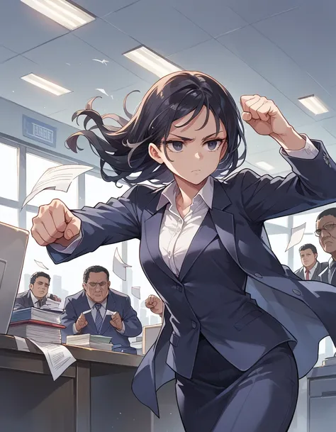 masterpiece, best quality, extremely detailed,anime, Woman, black hair, office worker, suit, expressionless, ((punching a middle-aged man with full force.)), documents flying in the air, office