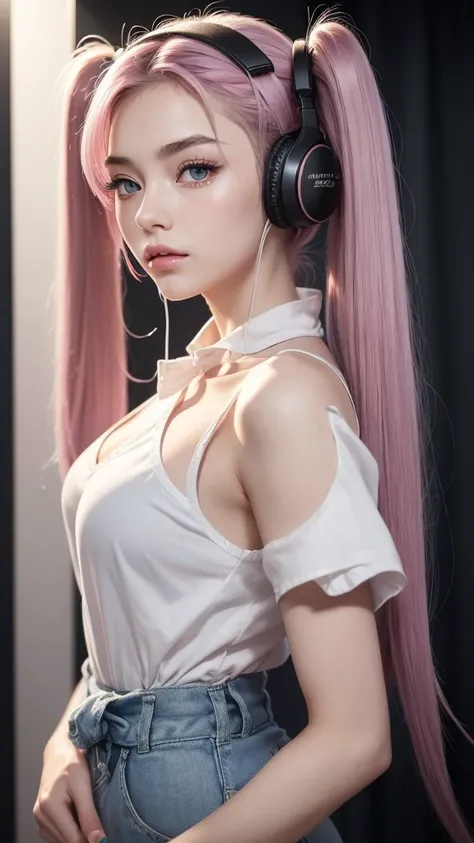 (A photo of a beautiful girl in fashionable casual clothes wearing headphones and singing into a recording microphone in a recording studio was posted on social media.) (The beautiful girl is 17 years old, 18% Japanese, 26% French, and 56% Ukrainian, 178 c...