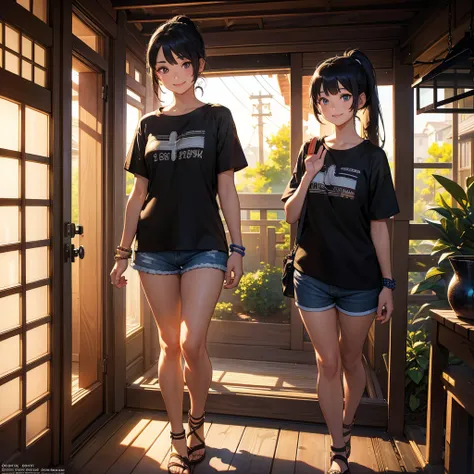 (1girl),A young girl standing by entrance of a Japanese home, gravel garden, waving her arm, 12 years old, ((wearing shorts and black t-shirt)), beaded bracelet on right wrist, sandals, tanned skin, smiling, medium shot, black hair in ponytail with blue ha...