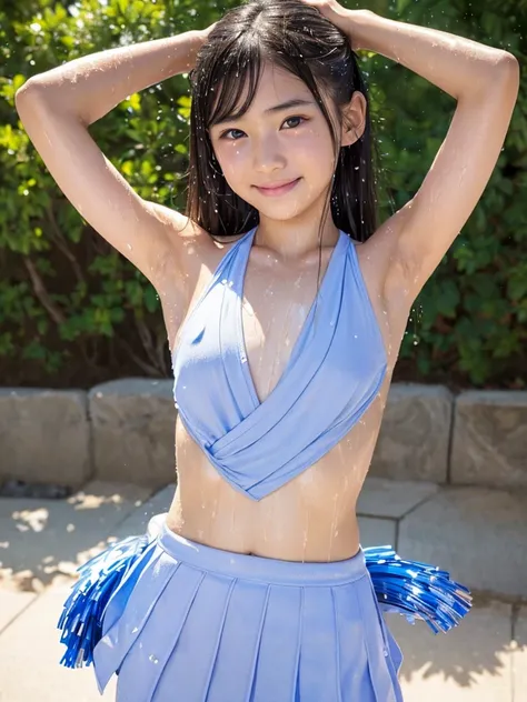 (best quality:1.2), masterpiece, Realistic, Ultra-high resolution, ((a beautiful Japanese idol 12 years old woman:1.2)), (Gaunt:1.3), (((Very flat chest:1.4))), ((Baby Face)), ((upper body)), (nup, cheerleader:1.2), (show me your armpit:1.2), (sweaty armpi...