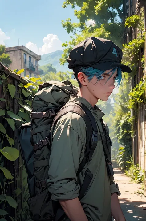 a young man in a post-apocalyptic city, detailed buildings in ruins, nature reclaiming its rightful place, lush vegetation, hiking outfit, blue hair, long eyelashes, warm smile, river, climbing plants, backpack, (best quality,4k,8k,highres,masterpiece:1.2)...