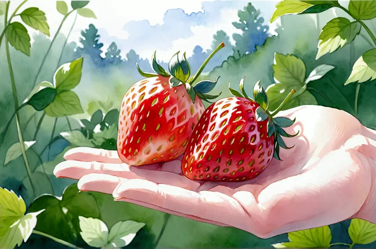 watercolor, watercolor (medium), strawberry, (一粒のstrawberry), blurred background