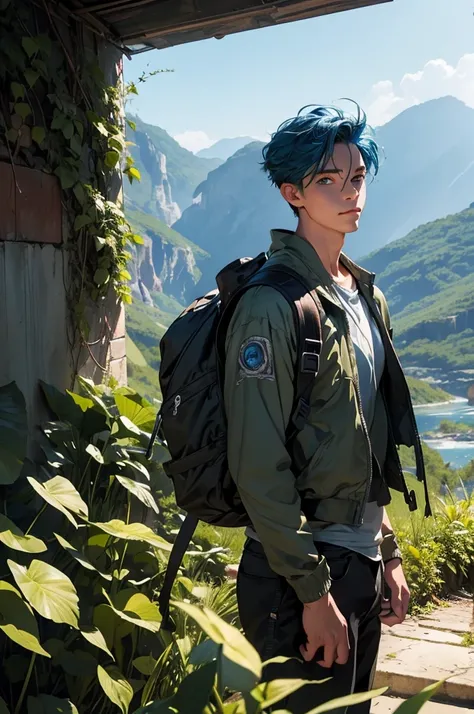 a young man in a post-apocalyptic city, detailed buildings in ruins, nature reclaiming its rightful place, lush vegetation, hiking outfit, blue hair, long eyelashes, warm smile, river, climbing plants, backpack, (best quality,4k,8k,highres,masterpiece:1.2)...