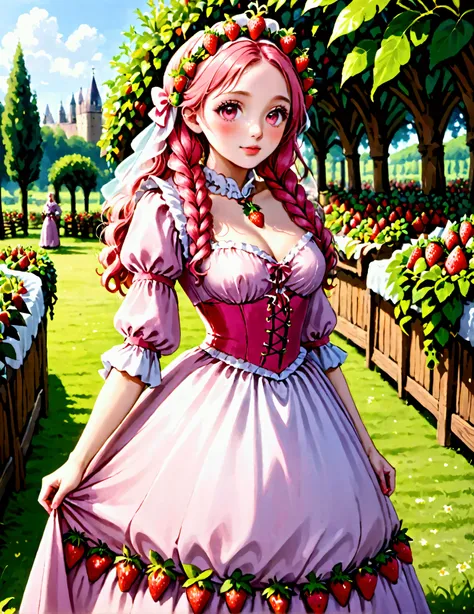 A Strawberry Knight (female, strawberry like face, strawberry themed and decorated plate mail (electric pink tint), strawberry decorated sword) standing at attention by the pineapple king, fruit salad city medieval themed
