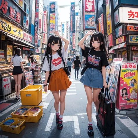 (masterpiece, Highest quality:1.1), (Popart Style),Flat Color,(Two Girls),Cute face,Tween,Have a nice trip,(Akihabara, the town of otaku, Tokyo),Japan, Beautiful and detailed scenery, Beautiful lighting,very happy,Dynamic pose,Portrait Photography, sharp,A...