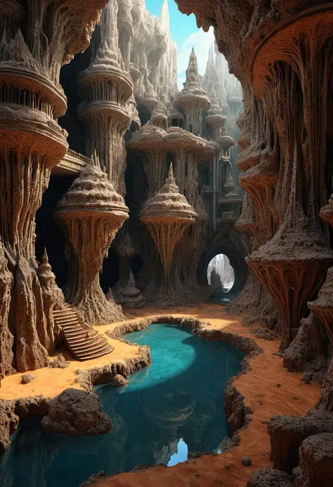 there are many inverted cavities (different rooms, united by mandelbulb projections that form passages) in the middle of an underground canyon that forms a mandelbulb mud village at different heights with many balconies and stalactites and stalactites, fan...