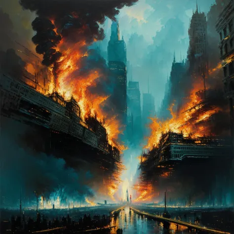 a painting of a city with a lot of fire coming out of it, style of john berkey, by John Berkey, style of john harris, dramatic artwork, destroyed city on fire, stefan koidl, destroying new york city, by joseph binder, stefan koidl inspired, the buildings a...