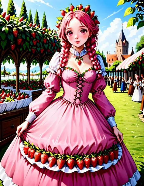 A Strawberry Knight (female, strawberry like face, strawberry themed and decorated plate mail (electric pink tint), strawberry decorated sword) standing at attention by the pineapple king, fruit salad city medieval themed
