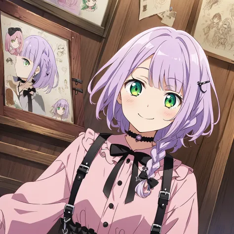 A girl, (a girl with closs hair pin, looking at viewer. Light purple hair, single braid hair, smiling face, green eyes. closs hair pin, pink shirt, cosplay, jirai kei, bangs, black skirt, black bow, looking at viewer, bow, long sleeves, choker, ribbon:1.4)...