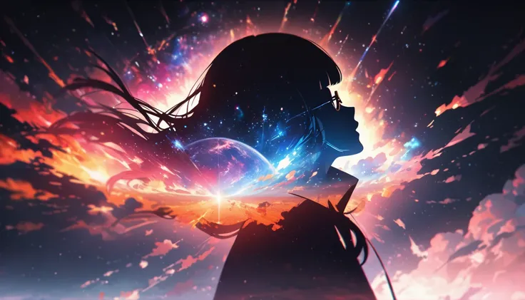 Profile of a woman silhouette.(Long Hair:1.3), Blunt bangs, (((Under-rim glasses:1.3))), (Headphones:1.3), Inside the silhouette you can see the Double exposure with a deep space, universe, Supernova explosion, masterpiece, ((Double exposure)), Proportion....