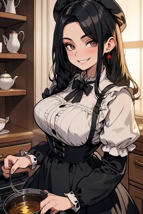 Perfect face. Perfect hands. A black haired woman with brown eyes and an hourglass figure in a Lolita maid outfit is preparing tea in a fancy kitchen with a big smile