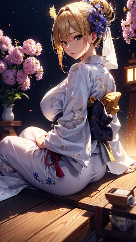 masterpiece, high quality, 4K, Beautiful design, silhouette，blonde， 非常に詳細な夜のStarry Sky,Flower Field， wonderful, Finer details,  Very knowledgeable woman, Highly detailed solo, 1 female,Big Breasts，Butt Emphasis，Underwear Line，Yukata in white color，Night vi...