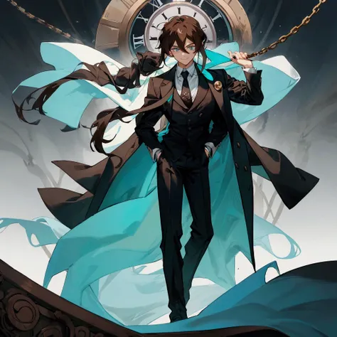 1 man with long brown hair and hair tied back, wearing a black overcoat covering his white shirt with a cyan tie and black dress pants with pockets and chains while wearing a white scarf with a tall white background with a smile and a clock showing 12 hour...