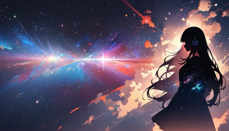 Profile of a woman silhouette.(Long Hair:1.3), Blunt bangs,Starry Sky, (Headphones:1.3), Inside the silhouette you can see the Double exposure with a deep space, universe, Supernova explosion, masterpiece, ((Double exposure)), Proportion.,Double exposure

