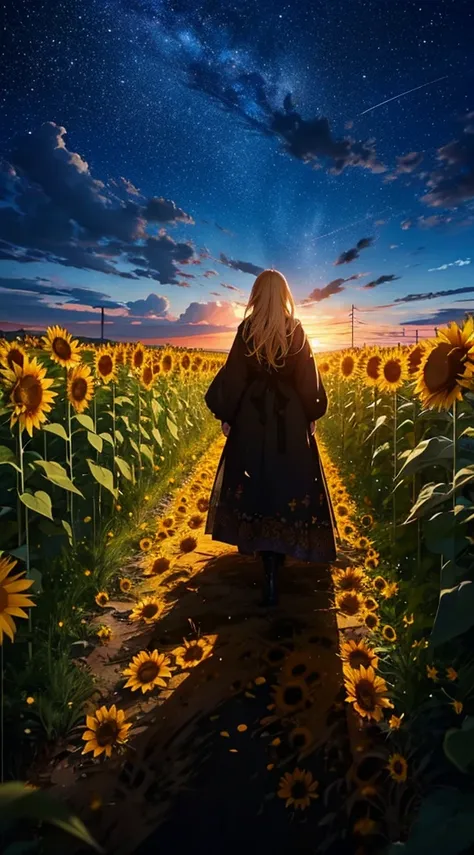 １people々々々々々々々々々々,Blonde long-haired woman，Long coat， Dress Silhouette， Rear View，Space Sky,　Sunflower flowers，Sunflower field，