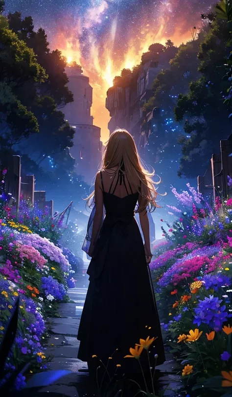 １people々々々々々々々々々々々々々々々,Blonde long-haired woman， camisole，silhouette， Rear View，Space Sky, Flower Field，Colorful flowers