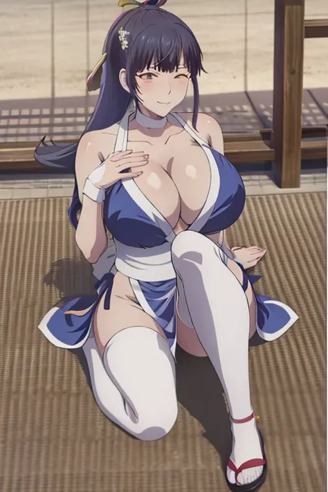 masterpiece, best quality, beautiful art, high resolution, well formed hands, body and fingers, 1 woman, solo, Ami  Tsuruga, hair ornament,  adult, grown up, big breasted, cleavage,  full body, braided long hair, blue_japanese_clothes, wearing DOA Kasumis ...